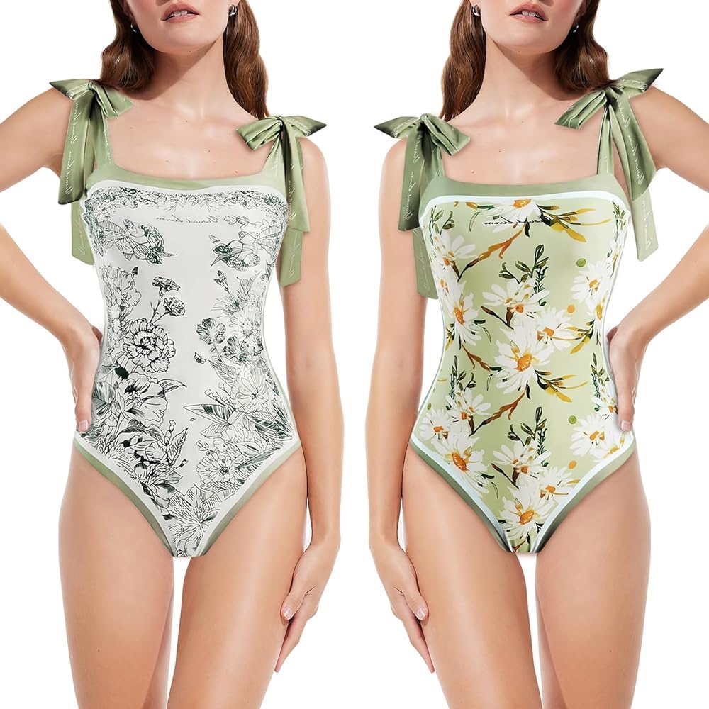 Women Floral One Piece Swimsuits Reversible Tie Shoulder Square Neck Size Medium